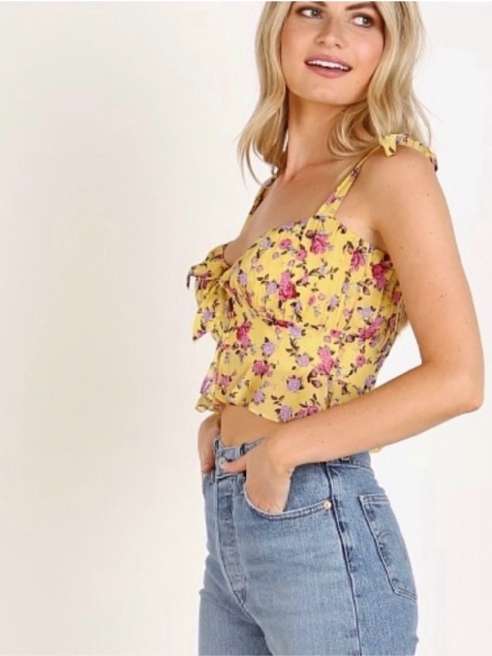 For Love And Lemons Beaumont Silk Yellow Floral Tie-Strap Crop Top Romantic | S